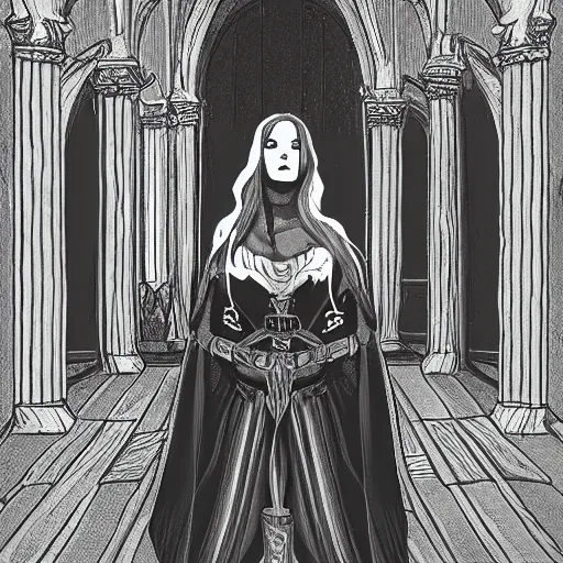 Image similar to medieval witch in grand hall, trending on artstation