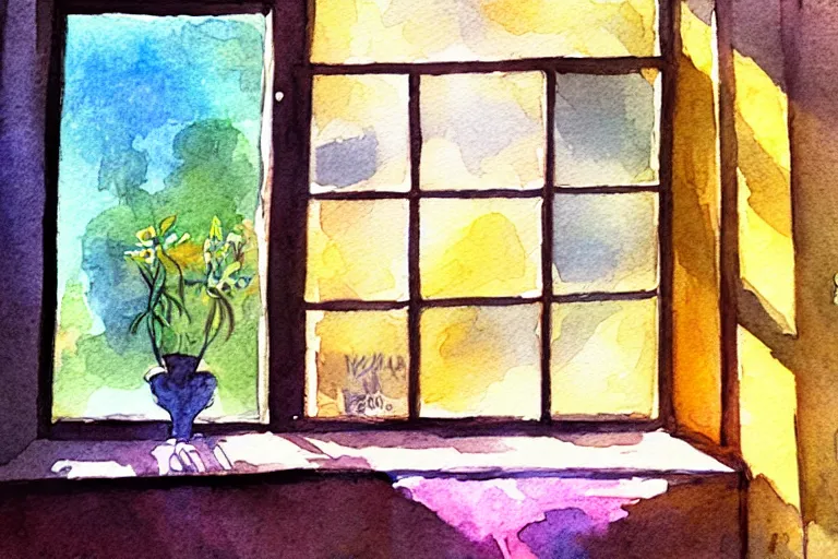 Image similar to rays of the morning sun shining through the window of the village house. very beautiful, clear sky, warm shiny colors, watercolor drawing