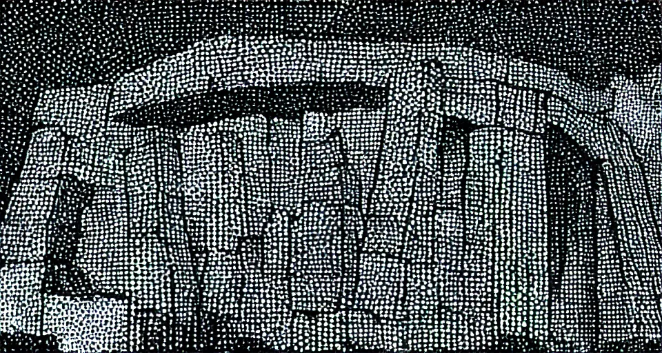 Image similar to stonehenge, highly detailed, dramatic lighting, intense shadows, rich deep colours, by roy lichtenstein