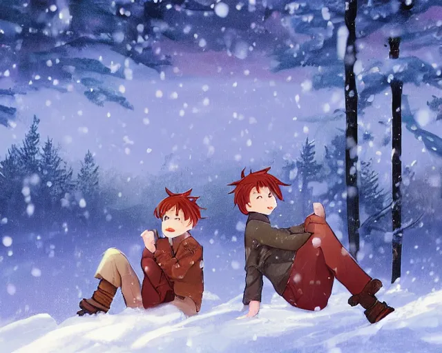 Image similar to a boy and a girl with long flowing auburn hair sitting together on the porch of a cabin on a mountain overlooking a snowy forest. Atmospheric lighting, long shot, romantic, boy and girl are the focus, cold lighting, snowy. Anime. By Makoto Shinkai, Stanley Artgerm Lau, WLOP, Rossdraws, James Jean, Andrei Riabovitchev, Marc Simonetti, krenz cushart, Sakimichan, D&D trending on ArtStation, digital art.