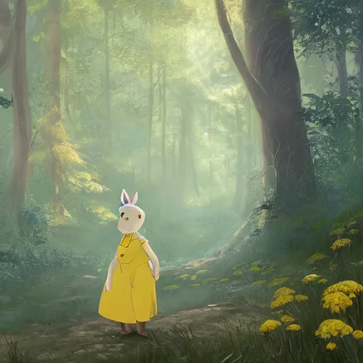 Image similar to concept art painting of an anthropomorphic elderly chubby doe wearing yellow dress, in the deep forest, realistic, detailed, cel shaded, in the style of makoto shinkai and greg rutkowski and james gurney