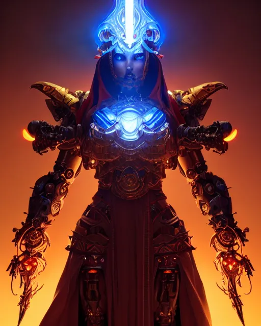 Image similar to diablo action game robot shaman by artgerm, greg rutkowski, alphonse mucha, cgsociety and beeple highly detailed, sharp focus, cinematic lighting, illustration, art, octane render, unreal engine lumen, very coherent. cinematic, hyper realism, high detail, octane render, 8 k