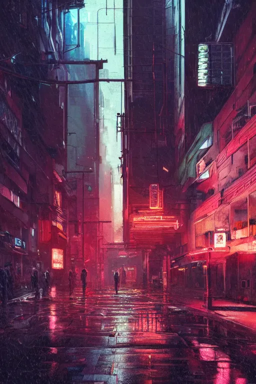 Image similar to a brutalist cyberpunk city street at night, raily season, very wet, neon lights and adds, architecture, a realistic digital painting by greg rutkowski and james gurney, trending on artstation, very highly detailed, 8 k