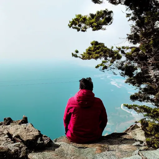 Image similar to man sitting on top peak mountain cliff looking at tsunami