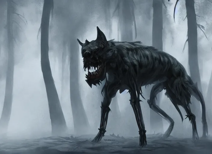 Image similar to concept art of a demon hound on a foggy forest, big trees, skeletons, creepy, epic painting, dark concept art, octane render, extremely detailed