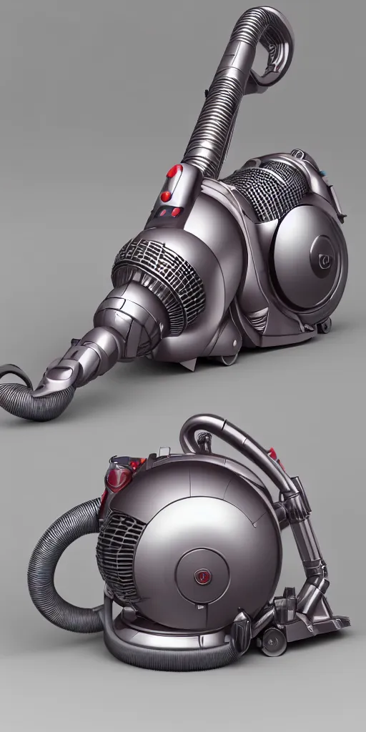 Image similar to insanely detailed product rendering of a vintage dyson vacuum cleaner, corrugated hose, chrome body, in the colors of Audrey kawasaki and style of jeff koons, unreal engine 5, nanite, quixel mixer, trending on behance, corporate 3d