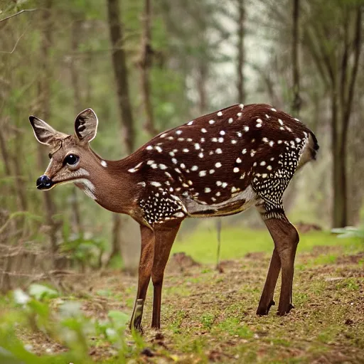 Image similar to a beautiful spotted deer with rocket launchers in the woods, canon eos c 3 0 0, ƒ 1. 8, 3 5 mm, 8 k, medium - format print