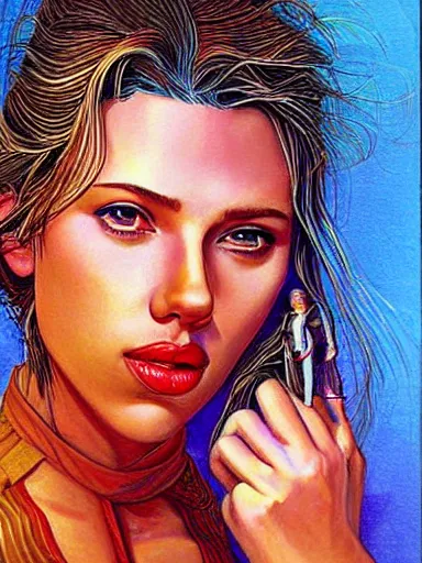 Prompt: a beautiful painting of scarlett johansson by jean giraud moebius, award winning painting, hyperdetailed, detailed