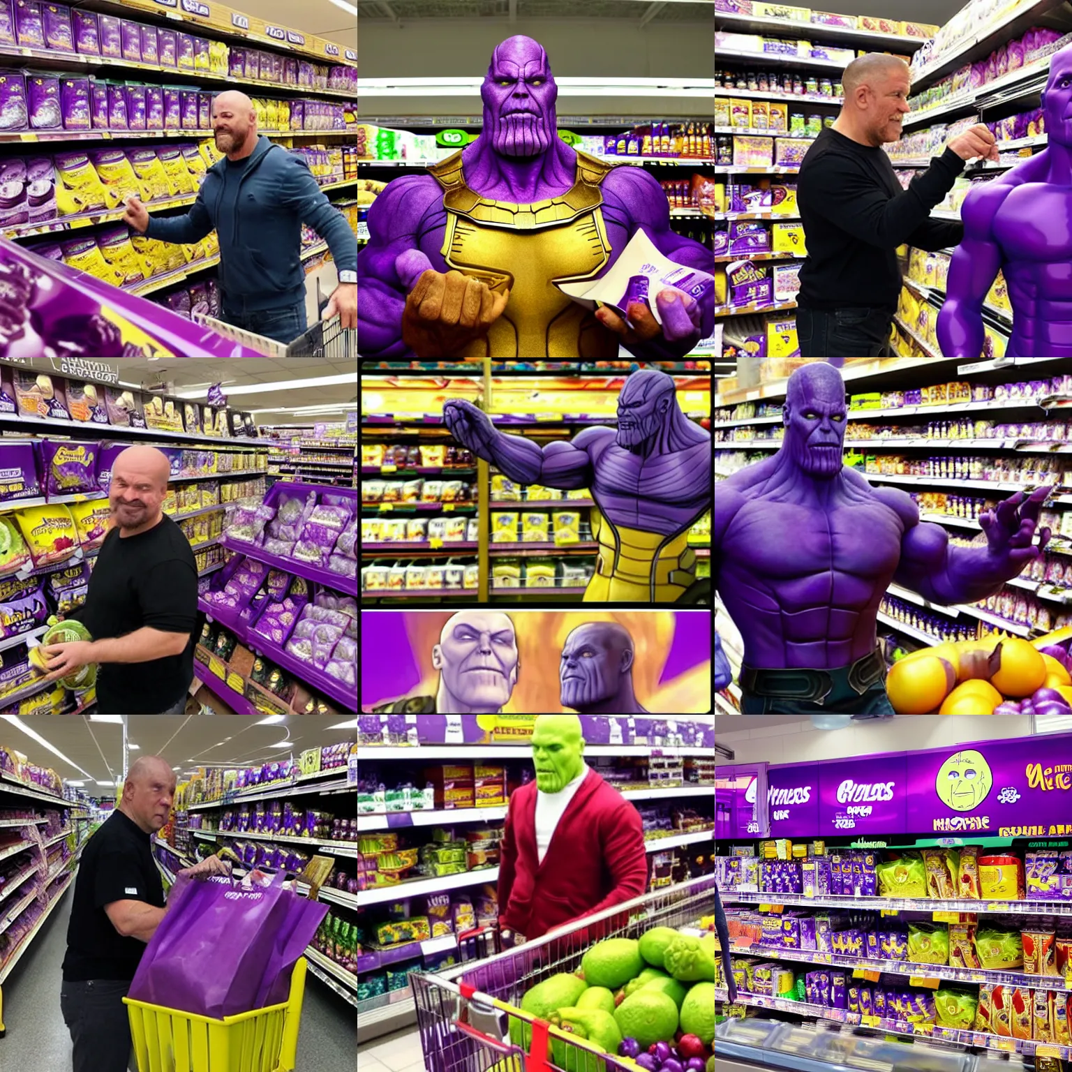 Prompt: Thanos shopping in a supermarket