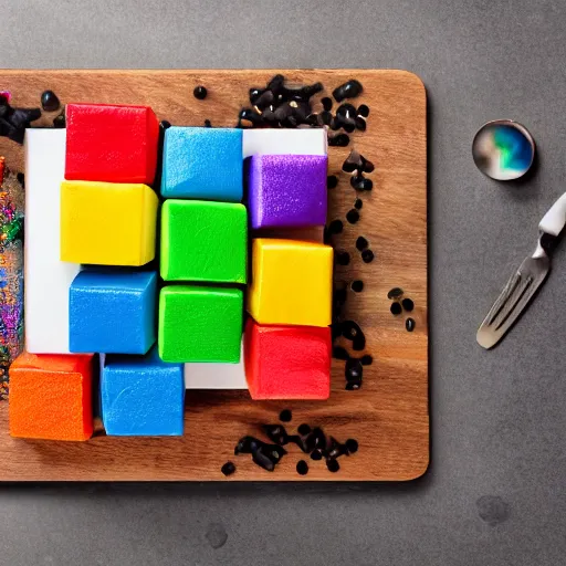 Image similar to photograph of a rainbow marshmallow cube with sprinkles on a dark wooden chopping board, hessian cloth, styled food photography, photorealistic, 4 k