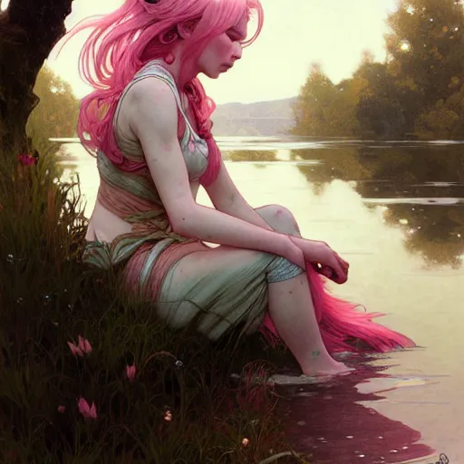 Image similar to Portrait of a girl with pink hair, sitting at the edge of a river, face, detailed, intricate, elegant, highly detailed, digital painting, artstation, concept art, smooth, sharp focus, illustration, art by Krenz Cushart and Artem Demura and alphonse mucha