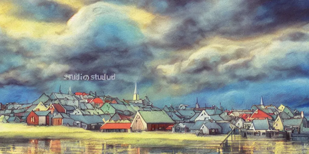 Image similar to a beautiful painting of a icelandic fishing village, storm clouds gathering over the town, by studio ghibli 8 k pastel colours, smeared watercolours, golden light film grain