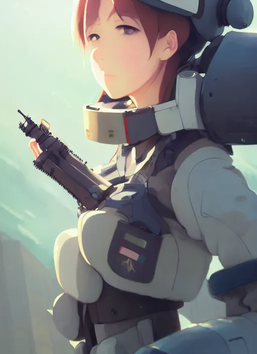 Prompt: portrait of cute pilot girl, smoky sky background, urban landscape, illustration concept art anime key visual trending pixiv fanbox by wlop and greg rutkowski and makoto shinkai and studio ghibli and kyoto animation, soldier clothing, military gear, airplane robot, cyborg, gapmoe yandere grimdark