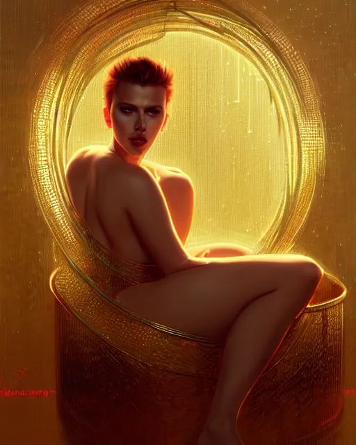 Prompt: Scarlett Johansson bathing in a gold tub, futuristic neon, decorated with traditional Japanese ornaments by Ismail inceoglu dragan bibin hans thoma greg rutkowski Alexandros Pyromallis Nekro Rene Maritte Illustrated, Perfect face, fine details, realistic shaded, fine-face, pretty face