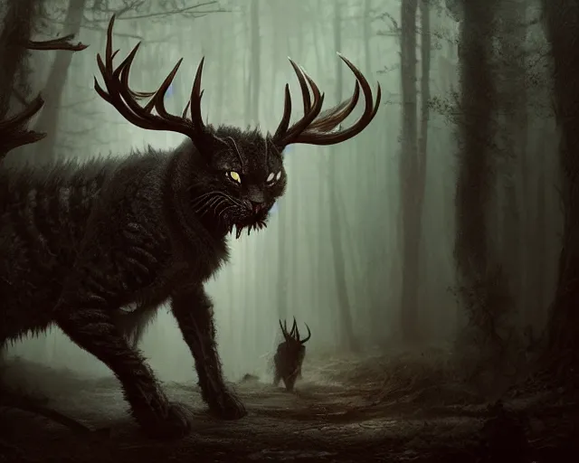 Prompt: 5 5 mm portrait photo of an armored demonic cat with antlers, in a magical forest. dark atmosphere. art by greg rutkowski. highly detailed 8 k. intricate. lifelike. soft light. nikon d 8 5 0.