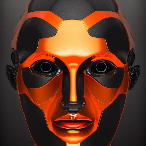 Image similar to photorealistic portrait humanoid metallic black robot, orange accents