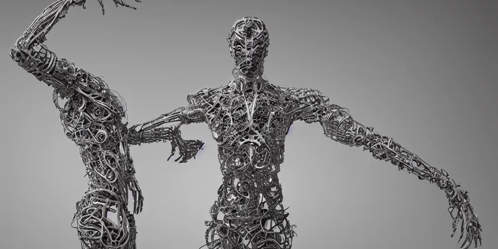 Prompt: realistic photography of a androgynous cyborg humanoid, arms reaching, grasping intricate filigree, in the style of beth cavener, jin kagetsu, wlop, highly detailed, symmetry, masterpiece, concept art, ringflash, highkey lighting, ambient lighting, softbox key light, octane render, 8 k, artstation