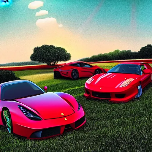 Prompt: cinematic fast sportscar reminiscent of ferrari and porsche in a lush field, shiny, red, beautiful lighting, photorealistic, sharp, sunset, by artgerm