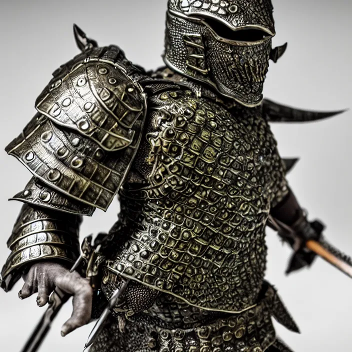 Image similar to photo of a warrior with crocodile themed armour. extremely detailed. dslr. 8 5 mm.