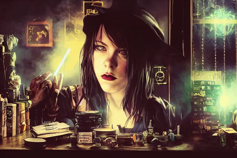 Prompt: close up photo, dramatic lighting, concentration, calm confident cyberpunk teen kat denning witch and her cat, tarot cards displayed on the table in front of her, sage smoke, magic wand, dark fantasy art, a witch hat and cape, apothecary shelves in the background., by yoji shinkawa neon