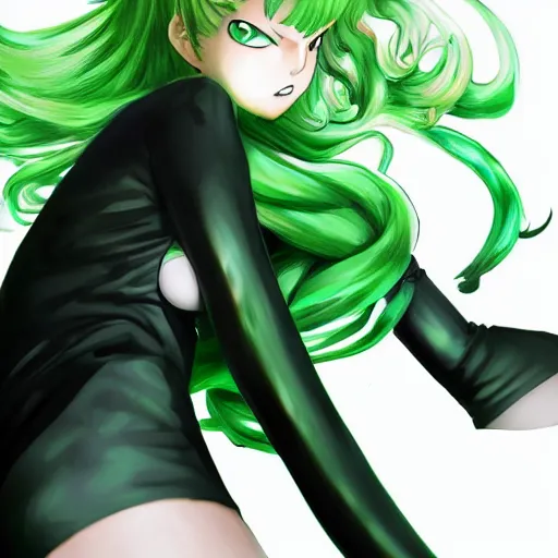 Prompt: Tatsumaki from One Punch Man, green hair, black clothing, art by Ross Tran, by Yusuke Murata, 4k wallpaper, digital art, highly detailed