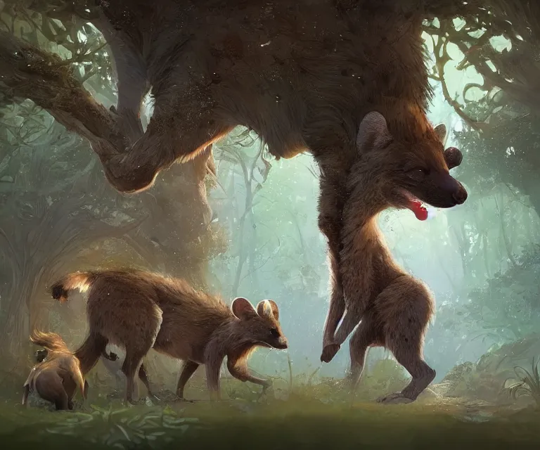 Image similar to a beautiful painting of a cute brown hyena and a gray otter in a forest. disney character design by cory loftis, fenghua zhong, ryohei hase, ismail inceoglu and ruan jia. artstation, volumetric light, detailed, photorealistic, rendered in octane