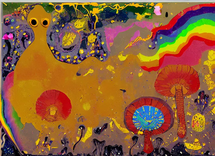 Image similar to expressionistic decollage painting golden armor alien zombie horseman riding on a crystal bone dragon broken rainbow diamond maggot horse in a blossoming meadow full of colorful mushrooms and golden foil toad blobs in a golden sunset, distant forest horizon, painted by Mark Rothko, Helen Frankenthaler, Danny Fox and Hilma af Klint, graffiti buff, pixel mosaic, semiabstract, color field painting, byzantine art, pop art look, naive, outsider art, very coherent symmetrical artwork. Bekinski painting, part by Philip Guston and Adrian Ghenie, art by George Condo, 8k, extreme detail, intricate detail, masterpiece