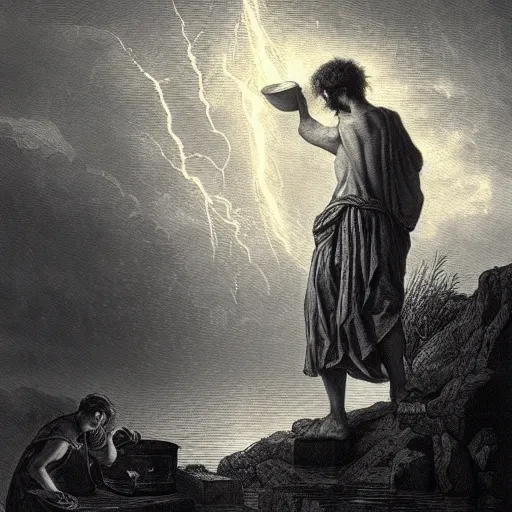 Image similar to A biblical painting of Jacob Washing dishes next to a window by Gustave Doré, Scenic, Dramatic, lightning storm in background