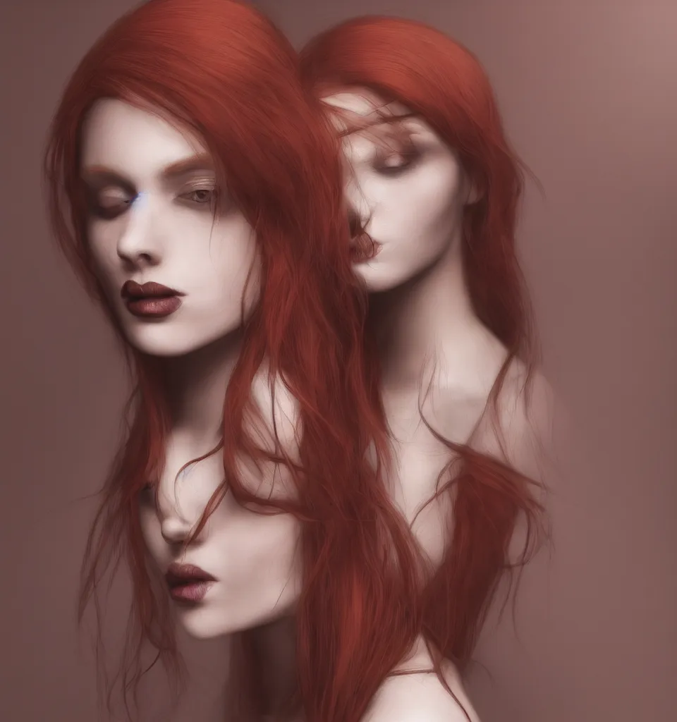 Prompt: Ultra detailed digital art of a stunning pale gothic redhead woman model in a dimly lit studio, hard colour textured gradient backgound, 8k, perfect lighting, sharp focus, high contrast, by andreastangoni, trending on ArtStation