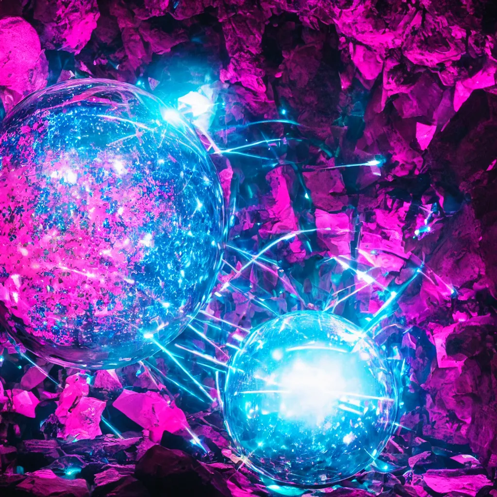 Prompt: a sphere of holographic knives made with pink lasers and blue crystals, cinematic shot of a goth disco in a cave, 8k photograph