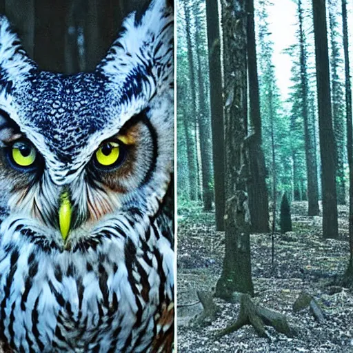 Image similar to mixture between an! owl and wolf, captured in a forest