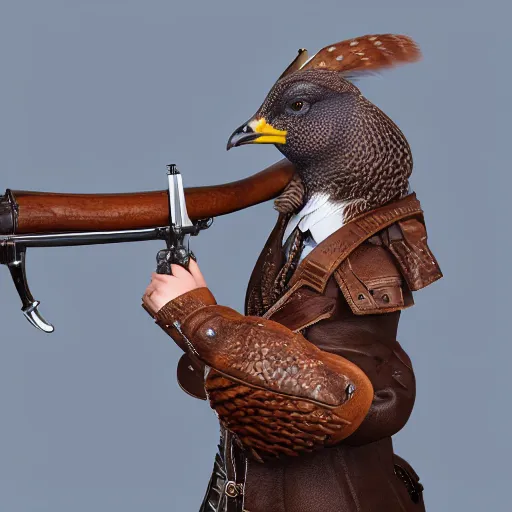 Prompt: a 3 d model of a grouse holding a blunderbuss, studio lighting, octane render, hyper detailed, product photography, 8 k, highly detailed