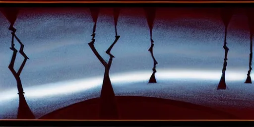 Image similar to twisted night landscape, magical realism, storybook realism, fantasy, by eyvind earle