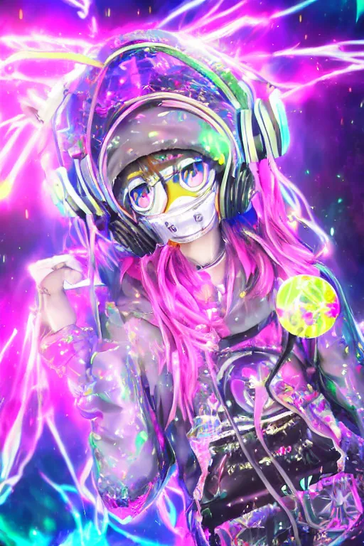 Image similar to portrait of an 3d anime character with cute sparkly eyes wearing a psychedelic holographic hoodie and headphones, long hair with pastel colors, wearing a cute face gas mask in the style of code vein by Kurumi Kobayashi Koichi Itakura, 3d anime, octane render, dynamic dramatic lighting, with glitch and chromatic abbreviations, artstation, cgsociety, imaginefx, by anime concept artist, rendered in unreal engine, by WENJR, WLOP, artgerm