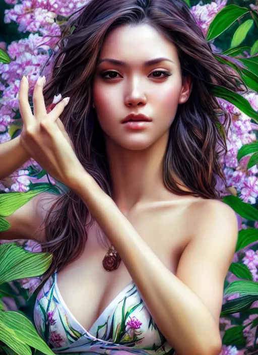 Image similar to photo of a gorgeous female in the style of stefan kostic, realistic, half body shot, sharp focus, 8 k high definition, insanely detailed, intricate, elegant, art by stanley lau and artgerm, extreme bokeh foliage