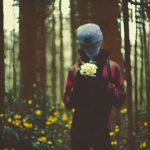 Prompt: close up kodak portra 4 0 0 photograph of a skinny guy standing in dark forest, face covered in flowers, moody lighting, telephoto, 9 0 s vibe, blurry background, vaporwave colors, faded!,