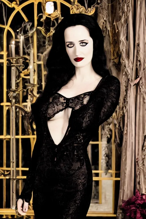 Prompt: film still of beautiful actress eva green as seductive morticia addams in tight goth dress with cleavage in front of large mansion halloween window, canon f / 1. 4, iso 2 0 0, 1 / 1 6 0 s, 1 5 k, symmetrical, hyper realistic, micro detail,