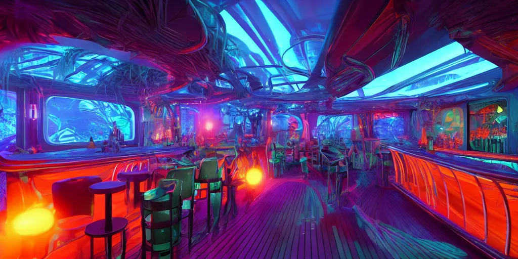 Prompt: octane render by josh pierce and prateek vatash and roman bratschi, inside a crowded dark vibey moody cool stylish highly - themed blue neon futuristic sci - fi tiki bar with many colorful tropical plants built inside a yacht with low ceilings, full of people, cinema 4 d, 4 k, ray tracing reflections, volumetric lighting and shadows, haze, light beams