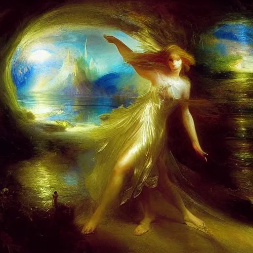 Image similar to A kinetic sculpture. A rip in spacetime. Did this device in her hand open a portal to another dimension or reality?! by Thomas Moran unified, serene