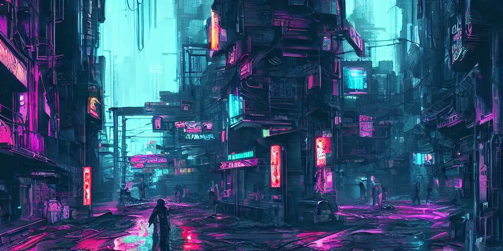 Image similar to digital art, trending on artstation, dystopian cyberpunk night street with neon