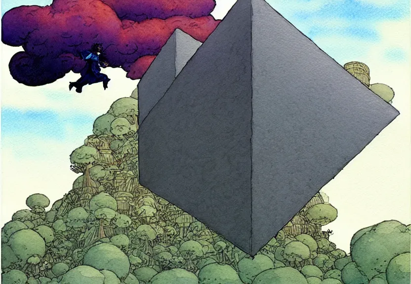 Image similar to a simple watercolor fantasy concept art of a giant dark grey cube floating in the air. by studio ghibli, rebecca guay, michael kaluta, charles vess