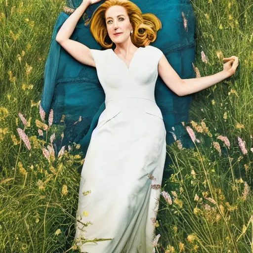 Image similar to photo of a gorgeous Gillian Anderson long flowing hairstyle in an enchanted meadow by Mario Testino, detailed, distance shot, award winning, Sony a7R