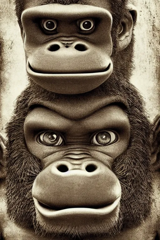 Image similar to donkey kong, portrait, full body, symmetrical features, silver iodide, 1 8 8 0 photograph, sepia tone, aged paper, sergio leone, master prime lenses, cinematic