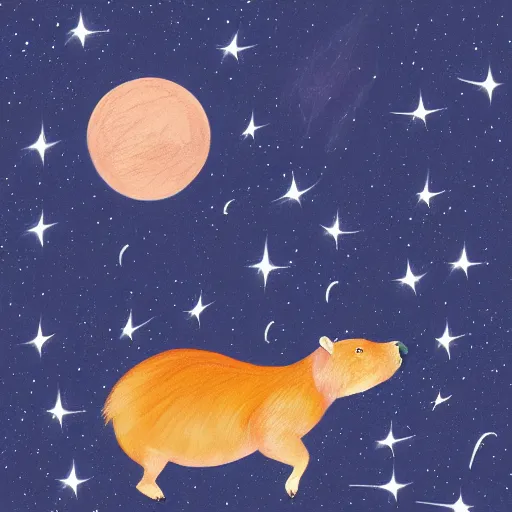 Prompt: digital painting of a boy riding a magical capybara in space