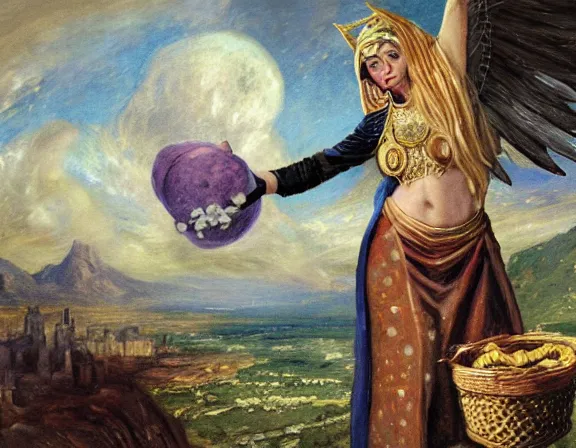 Prompt: alshura priestess, arms raised at temple of the stars offers a basket of fruit to the dry angel high above her head. distant perspective, drone perspective. detailed digital illustration for mtg. dnd fantasy epic character illustration by john constable. traditional oil on canvas, private collection.