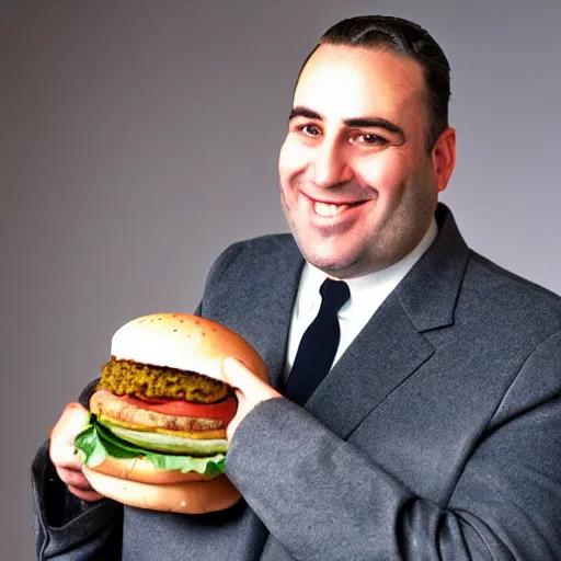 Image similar to clean - shaven smiling white chubby italian american man in his 4 0 s wearing a brown long overcoat and necktie holding a giant burger, 2 0 0 0 avertising promo shot