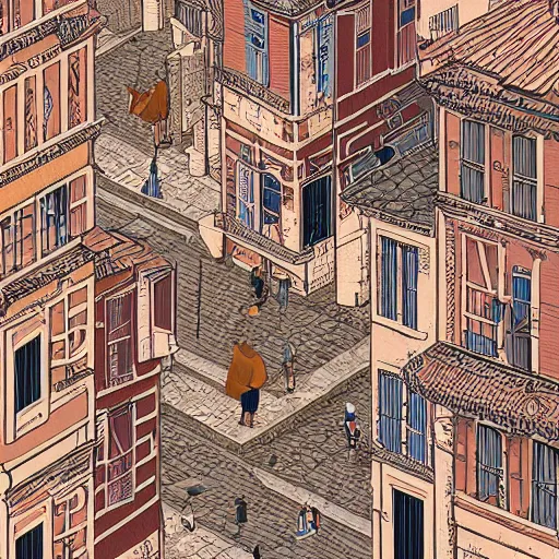 Image similar to isometric view illustration of a medieval Marseille street corner, highly detailed, mid day by Victo Ngai