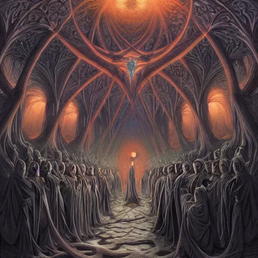 Prompt: a dark cabal of multiple hooded elven mystics in long dark robes gathered in a circular formation around a highly advanced machine containing spirits of the dead, dan seagrave art, michael whelan