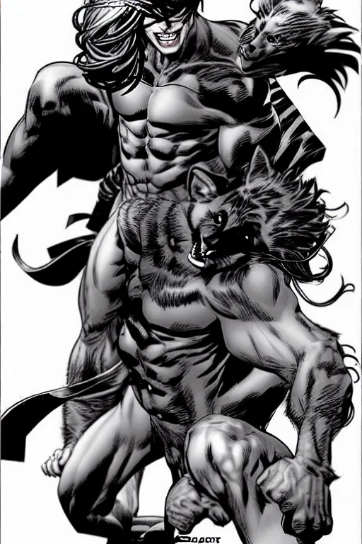 Image similar to character art by mike deodato, man with cat ears, absolute chad