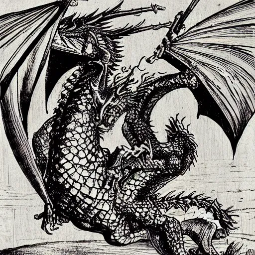 Prompt: 16th century wood engraving of a dragon, by Albrecht Dürer